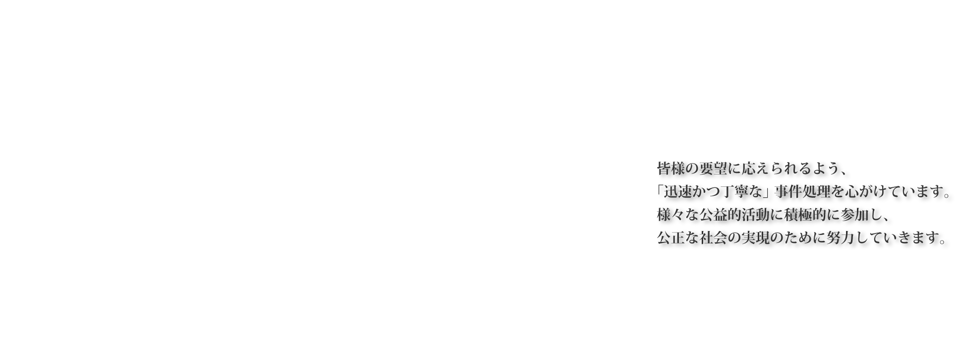 公正な社会の実現のために。皆様の要望に応えられるよう、「迅速かつ丁寧な」事件処理を心がけています。様々な公益的活動に積極的に参加し、公正な社会の実現のために努力していきます。